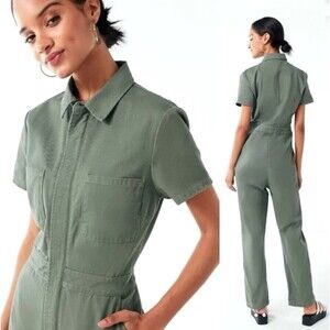 Urban Outfitters Flight Jumpsuit Women Small Green Canvas Short Sleeve Coveralls
